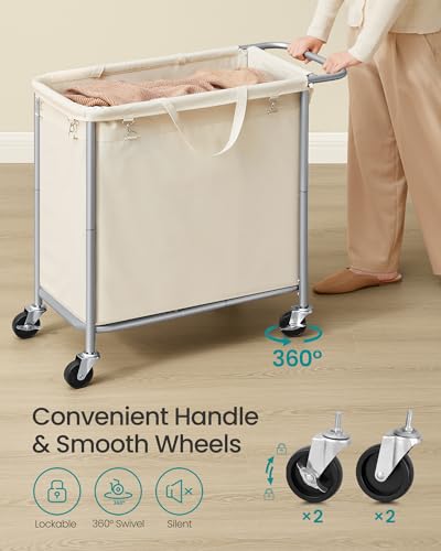 SONGMICS Laundry Basket with Wheels, Rolling Laundry Hamper, 47.5 Gallons (180 L), Removable Liner, Steel Frame with Handle, 31.5 x 15.4 x 31.9 Inches, Cream White URLS011W01 - color: Cream White, size: 180 L (1-Section)