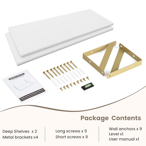Dreamland Wall Mounted Floating Shelves Set of 2, 30x8, White&Gold | Engineered Wood, Visible Bracket, Large Storage, Hold Up to 50lbs, Living Room, Bathroom, Bedroom, Kitchen - color: White&gold, size: 30"W x 8"D