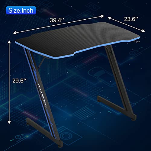 Dkelincs Gaming Desk 39.4 inch Z-Shaped Computer Desk PC Computer Table Home Office Desk Ergonomic Gamer Workstation with Headphone Hook, Blue - color: Blue, size: 39 Inch