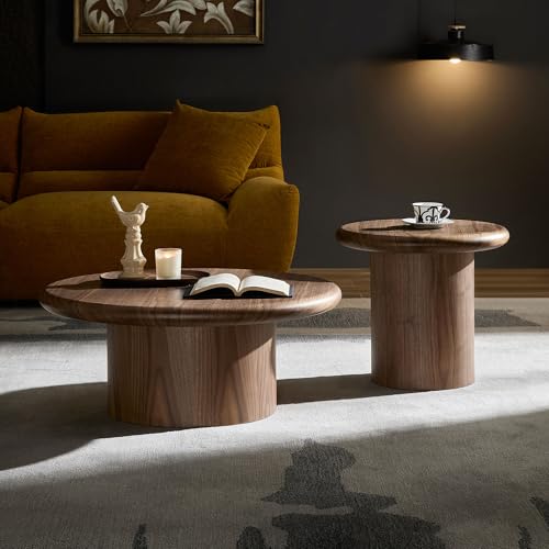 Round Nesting Coffee Table Set of 2, Modern 2-Piece Circle Wooden Center Table with Base, Accent Tea Table for Living Room Apartment, Easy Assembly, 31.5" & 20.87" (Walnut) - color: 31.5" & 20.87",walnut