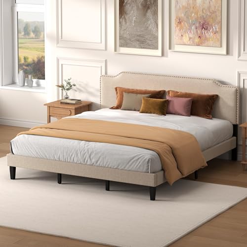 King Size Bed Frame with Upholstered Headboard, Wood Platform Bed with Soft Linen Adjustable Headboard | Elegant Studded Design | Wooden Slats | No Box Spring Needed, King Bed Frame Beige - color: Beige, size: King (U.S. Standard)