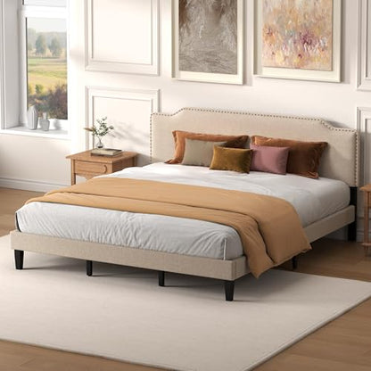 King Size Bed Frame with Upholstered Headboard, Wood Platform Bed with Soft Linen Adjustable Headboard | Elegant Studded Design | Wooden Slats | No Box Spring Needed, King Bed Frame Beige - color: Beige, size: King (U.S. Standard)