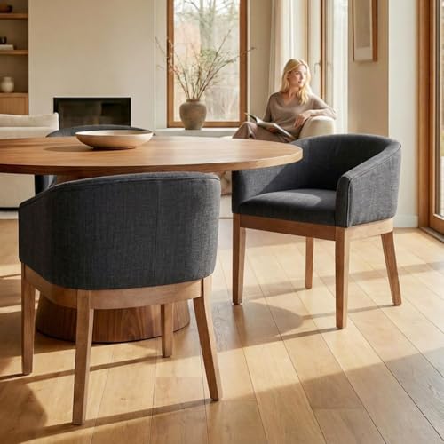 HNY Barrel Dining Chairs Set of 2, Mid Century Modern Upholstered Dining Chairs with Arms, Linen Kitchen & Dining Room Chairs, Solid Wood Frame Accent Chairs for Kitchen, Apartment, Charcoal Black - color: Charcoal,natural Lges, size: 2 Chairs