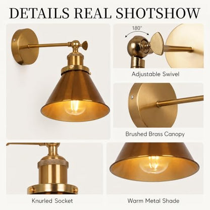 Fandian Brass Gold Classic Industrial Metal Adjustable Arm LED Wall Sconce for Bedside Reading, Farmhouse Swing Arm Wall Lamp with Metal Shade, Hardwired
