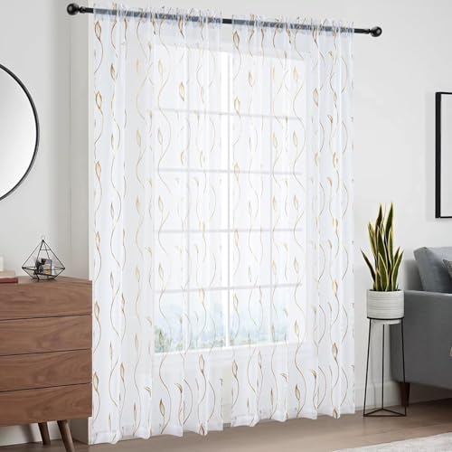 Gold Foil Print Sheer Curtains 63 inches Long, 2 Panels Ginkgo Bronzing Treatment Sheer Curtain, Rod Pocket Window Treatment Panels for Bedroom Living Room - color: Wicker/Gold/White, size: 42"W x 63"L (Pack of 2)