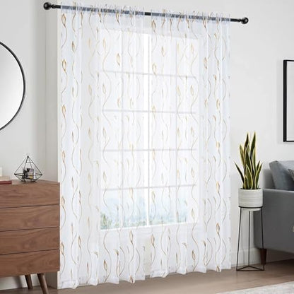 Gold Foil Print Sheer Curtains 63 inches Long, 2 Panels Ginkgo Bronzing Treatment Sheer Curtain, Rod Pocket Window Treatment Panels for Bedroom Living Room - color: Wicker/Gold/White, size: 42"W x 63"L (Pack of 2)