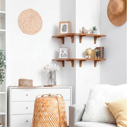 Pinkunn 2 Set Wood Floating Corner Shelves L-Shaped Wrap Around Wall Mounted Display Racks, Large Rustic Storage Bookshelf for Living Room, Bedroom & Kitchen, Easy Assembly