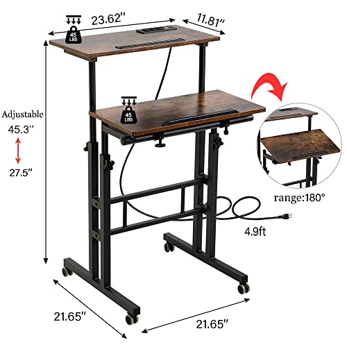 Hadulcet Mobile Standing Desk with Wheels, Rolling Desk Adjustable Height, Portable Laptop Table with Charging Station, Sit Stand up for Home Office, Study, Classroom, Rustic Brown - color: Rustic Brown, size: 23.6" With Charging Station