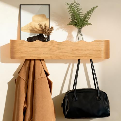 Coat Rack Wall Mount with Shelf Entryway Shelf Modern Key Holder Hanger Wall Shelves with Hidden Hooks for Hanging Towels Coats Hats Bags for Hallway Bathroom Bedroom(Wavy Oak, 5 Hooks) - color: Wavy Oak, size: 5 hooks