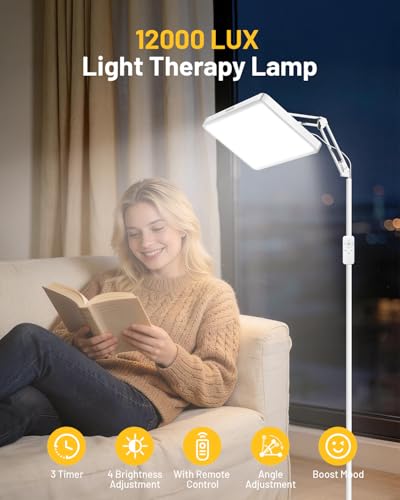SUXIO Light Therapy Lamp - 12000 LUX Therapy Lights, Happy Lamp with Remote, Light Box Therapy with 3 Timer & 4 Brightness, LED UV-Free Daylight Lamp Perfect for Home