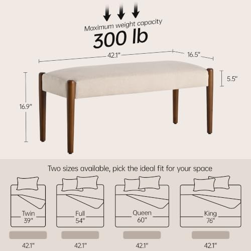 Usaint 42" End of Bed Bench with Wood Legs, Beige with Walnut Leg | Modern Upholstered Bedroom Bench with Rubberwood Legs, Entryway Bench with Cushion, Dining Bench for Living Room, Bedroom - color: Beige With Walnut Leg