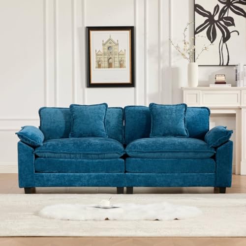 81.9'' Modern Sectional Couch with Double Layer Upholstered Seat Cushion, Chenille LoveSeat Sofa Couch with Wider Armrest and Cushions, Living Room, Bedroom, Apartment, Easy Assembly, Blue - color: Blue