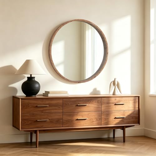 28 Inch Round Wood Mirror, Burlwood Grain Wood Frame Circle Mirror, Versatile Wall Decor for Bathroom Vanity, Living Room, Bedroom and Entryway, Natural - size: 36"L x 36"W