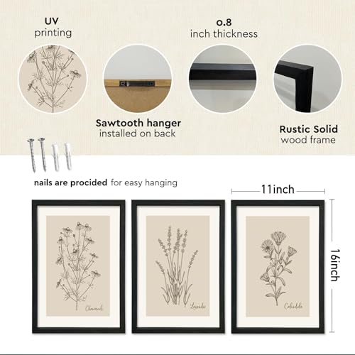 Vintage Botanical Prints Wall Art 11x16–3 Pc Black Frame Bathroom Decor | Minimalist Rustic Wildflower Pictures Floral Sign Bedroom Wall Hanging - color: Vintage Botanical (Black), size: 11"L x 16"W