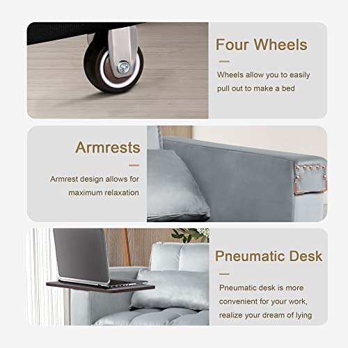 Convertible Sofa Bed,3-in-1 Multi-Functional Velvet Sleeper Couch Pull-Out 48'' Loveseat Bed Chaise Lounge with Adjustable Backrest and Pillows,Hidden Side Table for Living Room,Small Space Grey - color: 3-in-1 Grey Velvet 2 Seater