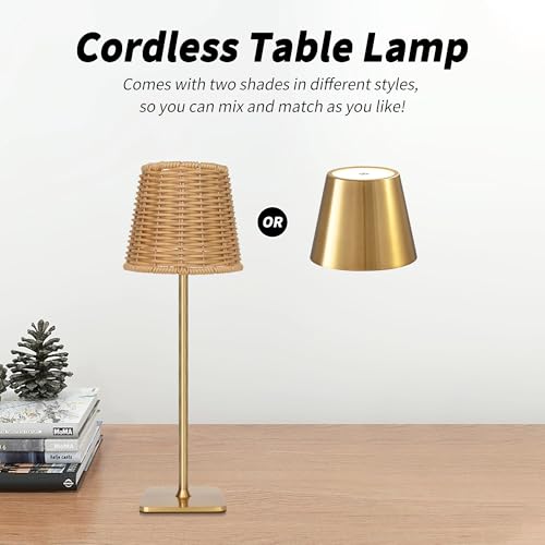 Mr. White Outdoor Waterproof Cordless Wireless Rechargeable Portable Top Touch Battery Operated Powered LED Table Lamp Desk Lamp Lights for Restaurant Kitchen Patio Dinner Dining (Gold) - color: Gold+Wicker Lampshade