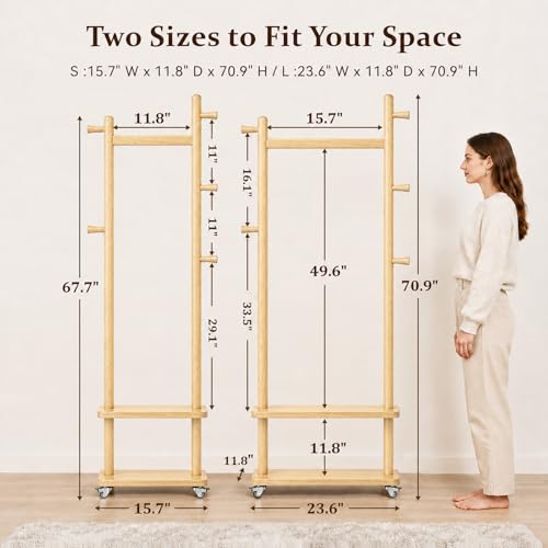 Coat Rack Freestanding Solid Wood Clothes Rack with Wheels | Space Saving, Stable 5 Hooks 2 Shelves Coat Tree, Silent 360 Degree Wheels, Heavy Duty 150 lb Capacity for Entryway Bedroom - color: Natural Wood, size: L: 23.6" x W: 11.8" x H: 70.9" (With Whee