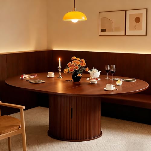 Wildhome Extendable Round Dining Table for 2-4-6, 59 Inch Dining Room Kitchen Table with 2-Tier Storage Shelf, Modern Farmhouse Fluted Wood Slide Door Dinner Furniture,Oval Circle,Walnut-59 Inch - color: Walnut-59 Inch