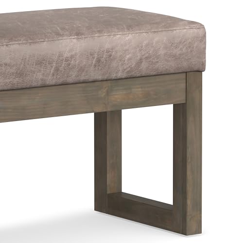 SIMPLIHOME Milltown 27" Wide Tweed Rectangle Ottoman in Ebony | Distressed grey taupe, contemporary ottoman with a cushioned seat for bedroom seating; footstool, footrest or bench. - color: Distressed Grey Taupe, style: Small Ottoman Bench