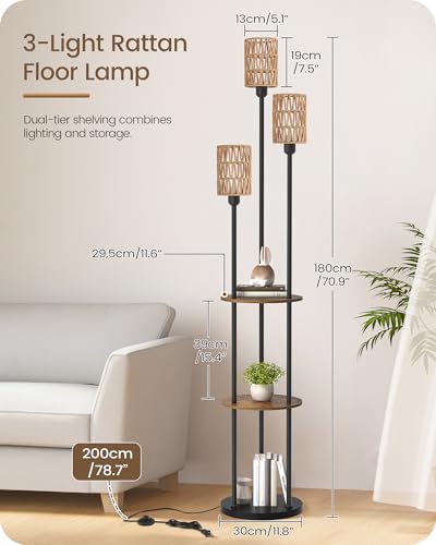 Floor Lamp with Shelves, Boho Floor Lamp with Foot Switch, 3-Light Standing Lamp, for Living Room, Bedroom, Study, Rustic Brown and Yellow YF53LD05 ﻿ - color: Rustic Brown+Rattan