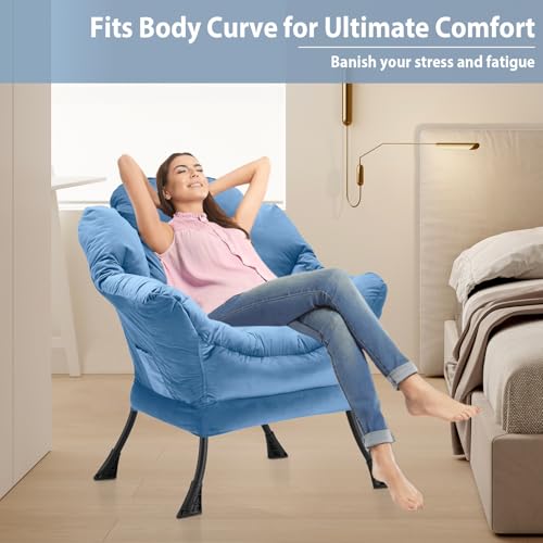 Youtanic Lazy Chair Thick Padded, Comfy Velvet Accent Lounge Chair with Stable Frame, Leisure Sofa Armchair with Armrests and Side Pocket, Reading Chair for Bedroom, Living Room, Office, Light Blue - color: Light Blue Without Stool