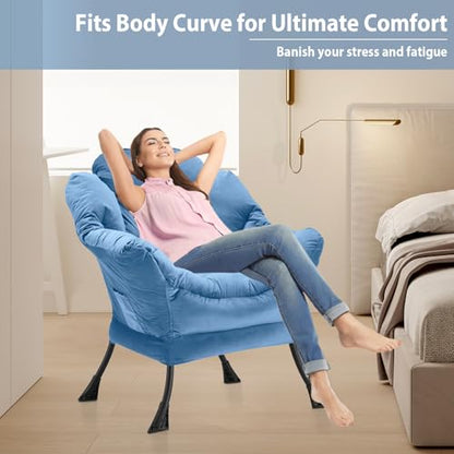 Youtanic Lazy Chair Thick Padded, Comfy Velvet Accent Lounge Chair with Stable Frame, Leisure Sofa Armchair with Armrests and Side Pocket, Reading Chair for Bedroom, Living Room, Office, Light Blue - color: Light Blue Without Stool