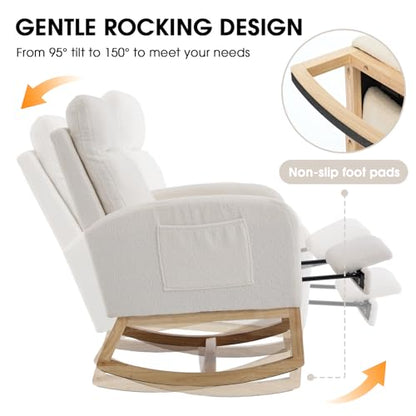 Rocking Chair Nursing, Rocker Chair with Footrest (White Modern) | Teddy Boucle Upholstered Accent Reading Chair with High Back & Side Pocket for Living Room Bedroom Nursery Office - color: White Modern