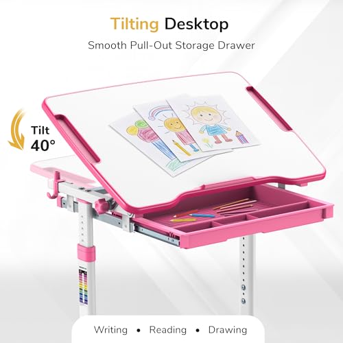 Mount-It! Kids Desk and Chair Set, Height Adjustable Sturdy, Girl Desk, Child Study Desk and Chair Set for Boys, Table for Art, Home School, Drafting, Ergonomic with Storage Drawer, Pink - color: Pink