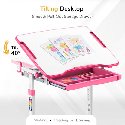 Mount-It! Kids Desk and Chair Set, Height Adjustable Sturdy, Girl Desk, Child Study Desk and Chair Set for Boys, Table for Art, Home School, Drafting, Ergonomic with Storage Drawer, Pink - color: Pink