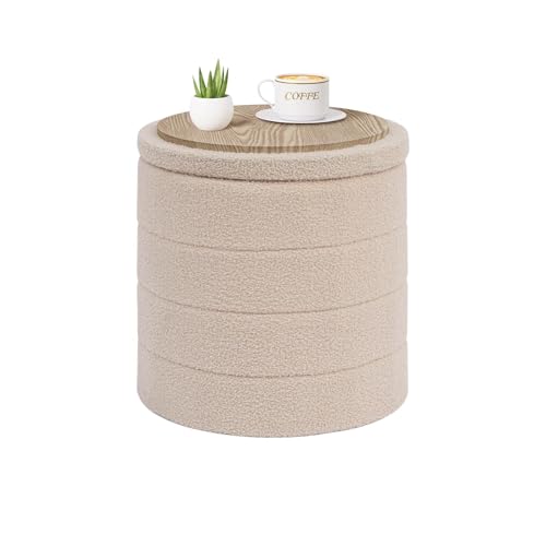 PINPLUS Round Storage Ottoman Foot Rest Stool with Tray Velvet Sherpa Folding Storage Ottoman,Boucle Foot Rest for Living Room, Bedroom, Dorm,Beige Color - color: Beige, size: 16.9"D x 16.9"W x 17.7"H