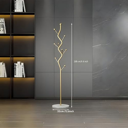 Gold Tree Meta Coat Rack with Marble Base Freestanding Hall Tree | Multi-Hook Entryway Organizer for Hallway, Bedroom, Living Room (Gold) - color: Gold