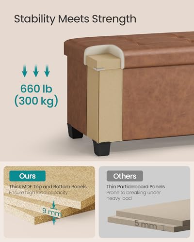 SONGMICS Storage Ottoman Bench with Legs, Folding Ottoman Foot Rest with Flipping Lid, Bench with Storage, for Living Room, Bedroom, Entryway, Synthetic Leather, 43.3 Inches, Coffee Brown ULSF085KQ01 - color: Coffee Brown, style: with Flipping Lid