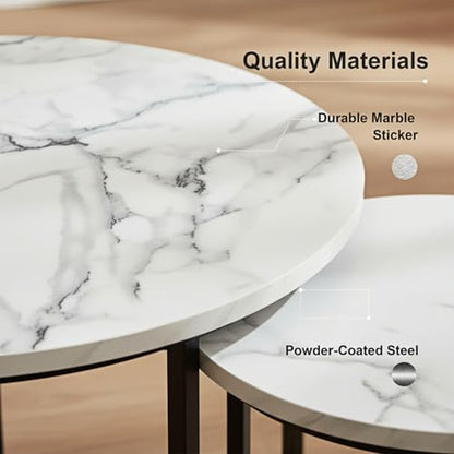 Round Nesting Coffee Table Set of 2, Stacking Minimalist End Table | Modern Marble Pattern Wooden Nesting Tables for Living Room Bedroom Small Space, White Top and Black Leg - color: White & Black