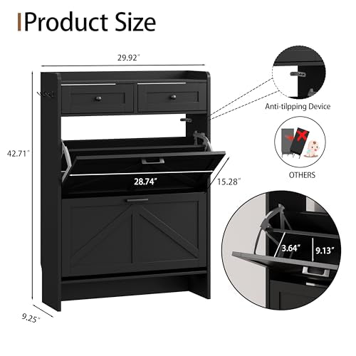 Shoe Cabinet with 2 Flip Drawers & 2 Top Drawers, 43" Tall Freestanding Narrow Wooden Shoe Storage Organizer for Entryway, Hidden Slim Shoe Rack for Front Door Entrance, Hallway, Living Room, Black - color: Black, size: 2 Flip Drawers