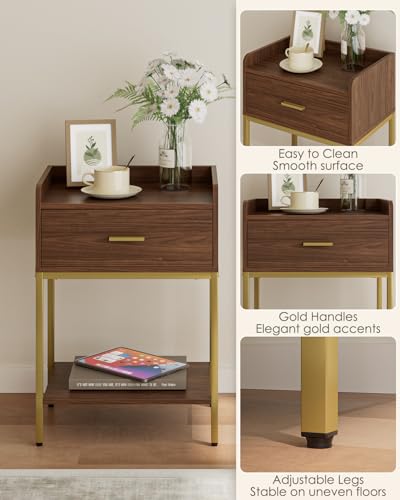 Masupu Nightstand, 3-Tier Modern Bedside Night Stand with Storage Drawer and Shelf, Small End Side Table for Bedroom, Living Room, Walnut - color: Brown Walnut