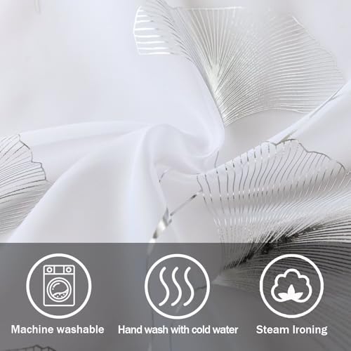 Silver Foil Print Sheer Curtains 84 inches Long, 2 Panels Ginkgo Bronzing Treatment Sheer Curtain, Rod Pocket Window Treatment Panels for Bedroom Living Room - color: Ginkgo/Silver/White, size: 52"W x 84"L (Pack of 2)