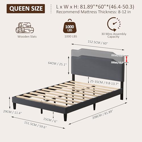 Queen Size Bed Frame with Upholstered Headboard, Platform Bed with Soft Linen Adjustable Headboard | Elegant Studded Design | Wooden Slats | No Box Spring Needed, Queen Bed Frame Dark Grey - color: Dark Grey, size: Queen (U.S. Standard)