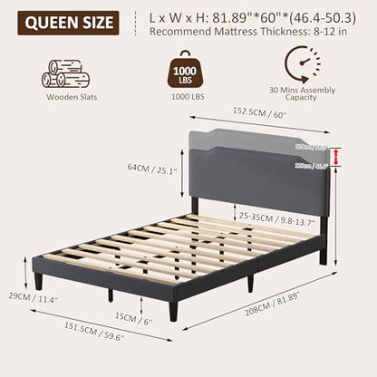 Queen Size Bed Frame with Upholstered Headboard, Platform Bed with Soft Linen Adjustable Headboard | Elegant Studded Design | Wooden Slats | No Box Spring Needed, Queen Bed Frame Dark Grey - color: Dark Grey, size: Queen (U.S. Standard)