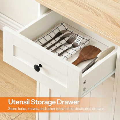 HOOBRO Kitchen Island on Wheels, Kitchen Island Cart with Power Outlet, Kitchen Storage Island with Spice Rack and Drawer, Island Table for Kitchen & Dining Room, White and Natural WN36UZD01