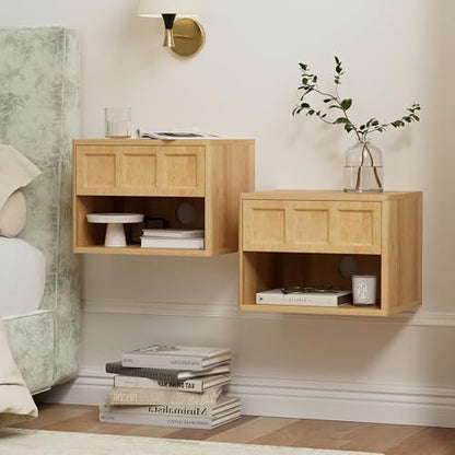 Farmhouse Floating nightstands Set of 4, Small Wall Mounted Storage Cabinet with Drawer Open Shelf, Wood Bedside End Table for Bedroom, Living Room, Natural Oak - size: 4 PCS