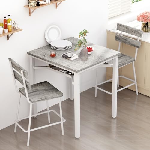 Hooseng 3 Piece Bar Table and Chairs Set, Counter Height Small Dining Table with 2 Bar Stools, Farmhouse Square Kitchen Table with Storage for Bistro, Pub, Small Space - color: Grey