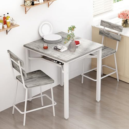 Hooseng 3 Piece Bar Table and Chairs Set, Counter Height Small Dining Table with 2 Bar Stools, Farmhouse Square Kitchen Table with Storage for Bistro, Pub, Small Space - color: Grey