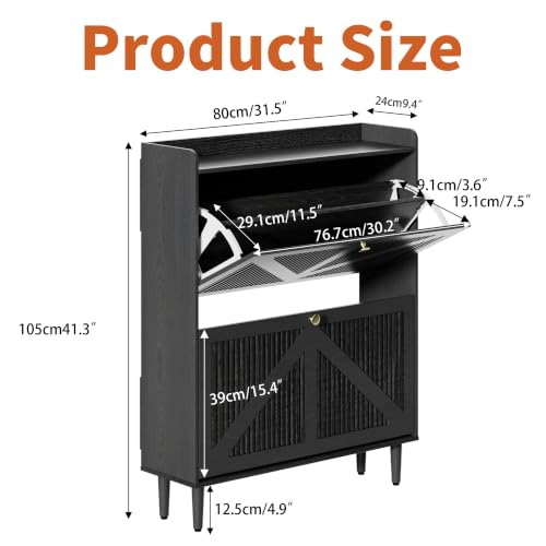 Narrow Shoe Storage Cabinet with 2 Flip Drawers for Entryway (Black) | Adjustable & Removable Shelves, Slim Shoe Organizer Cabinet, for Hallway, Foyer, Entrance, Freestanding, Hidden, Thin, Fluted - color: Black