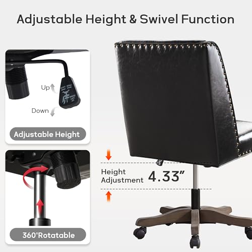 Upholstered Armless Office Chair Faux Leather Swivel Home Desk Office Chair | Modern Comfy Boho Office Chair with Wheels Adjustable Desk Chair no Arms for Sewing Women Farmhouse Study Studio PU Black - color: Black