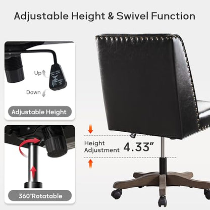 Upholstered Armless Office Chair Faux Leather Swivel Home Desk Office Chair | Modern Comfy Boho Office Chair with Wheels Adjustable Desk Chair no Arms for Sewing Women Farmhouse Study Studio PU Black - color: Black