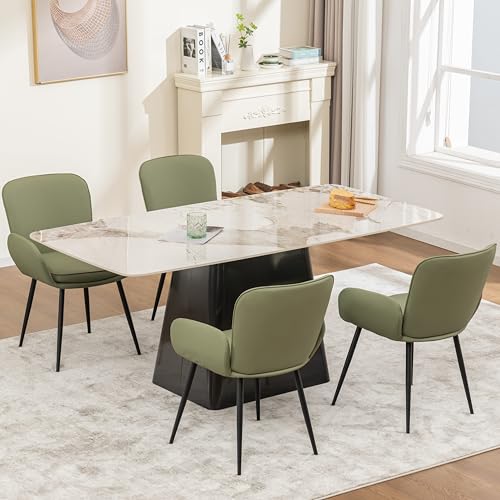 VKNOW Modern Faux Leather Dining Chairs Set of 4 with Armrest, Green | Armed Dining Room Chairs with Metal Legs, Kitchen Chairs for Restaurant Kitchen Living Room - color: Green-leather, size: Set of 4
