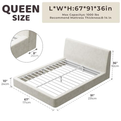 RECCI AirFrame Queen Upholstered Bed Frame with Ergonomic Angled Headboard | Ergonomic Angled Headboard, 360° Soft Foam Surround, Low Profile Cloud Bed Frame, No Box Spring Required, Easy Assembly - color: Beige Chenille, size: Queen