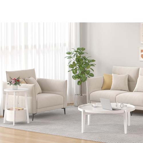 sthmec Small Round Side End Table with Cloth Storage Basket, Round Bedside Sofa Couch Coffee Tables for Small Places with Metal Frame, Modern Nighstands for Living Room Bedroom,White - color: White