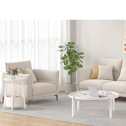 sthmec Small Round Side End Table with Cloth Storage Basket, Round Bedside Sofa Couch Coffee Tables for Small Places with Metal Frame, Modern Nighstands for Living Room Bedroom,White - color: White