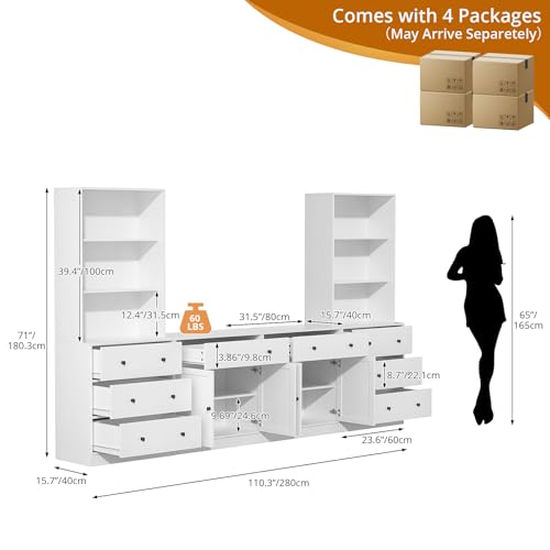 TUSY 71" Large TV Stand Set - TV Entertainment Center for TVs up to 65", Media Center with Tempered Glass Doors and Drawer, TV Hutch with Bookshelves for Living Room (White, BEEB) - color: White